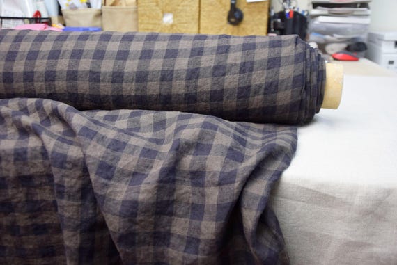 Linen Fabric "Stella Taupe Gingham", 2cm Check, 190gsm (5.7oz), 100% Pure Linen, Brown Gray Grey Off-Black, Soft, Preshrunk, IN STOCK!
