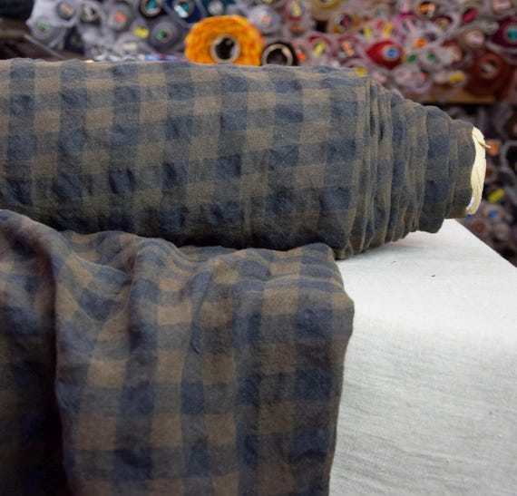 Fabric 100% linen "Gloria Brown & Black Gingham" 210gsm (6.2oz/yd2). Pantone 19-0812 Caffe, 2cm check. Naturally Wrinkled. Washed. IN STOCK.