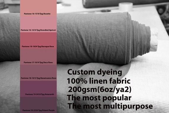 CUSTOM DYEING 100% linen fabric 200gsm(6oz/yd2). The most popular linen fabric. Pantone apricot rose amaranth purple rosette pallette No 14.