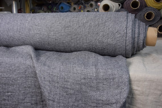 Temporarily OUT OF STOCK. Pure 100% linen fabric Runa Black/White Diamond 200gsm. Rhombus pattern white/black. Washed, softened.