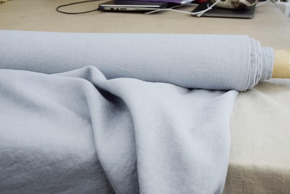 IN STOCK. Pure 100% linen fabric Augusta Dusky Light Blue 170gsm (5oz/yd2). Muted, grayish pastel blue color. Washed-softened.