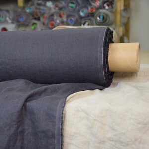 Linen Fabric WHOLESALE. Pure 100% linen fabric &quot;Gloria Truffle Gray&quot; 200gsm (6oz/yd2). Dark gray, purplish-brownish tint. Washed-softened.