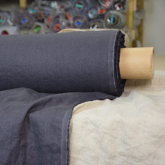 Linen Fabric WHOLESALE. Pure 100% linen fabric "Gloria Truffle Gray" 200gsm (6oz/yd2). Dark gray, purplish-brownish tint. Washed-softened.