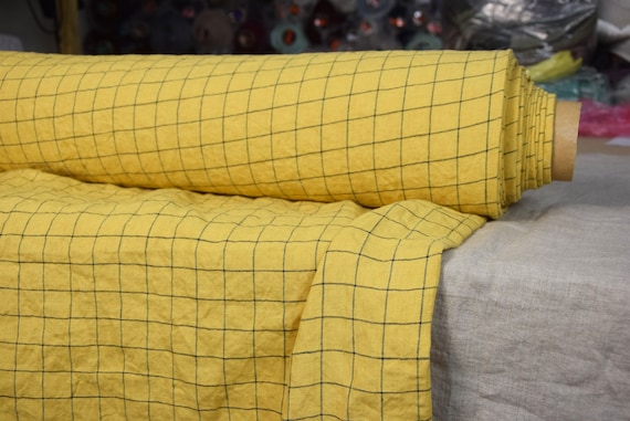 100% linen fabric "Margarita Yellow Graph Check" 195gsm (5.70oz/yd2). Dark blue grid pattern on yellow background. Temporarily OUT OF STOCK.