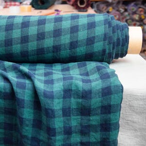 Linen Fabric "Stella Blue/Green Gingham" 190gsm (5.7oz), 2cm Rich Navy/Dark Green Checks, 100% Pure, Premium, Softly creased, IN STOCK!