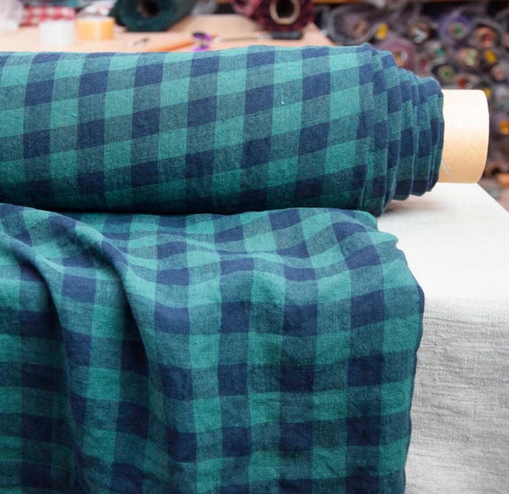 Linen Fabric "Stella Blue/Green Gingham" 190gsm (5.7oz), 2cm Rich Navy/Dark Green Checks, 100% Pure, Premium, Softly creased, IN STOCK!