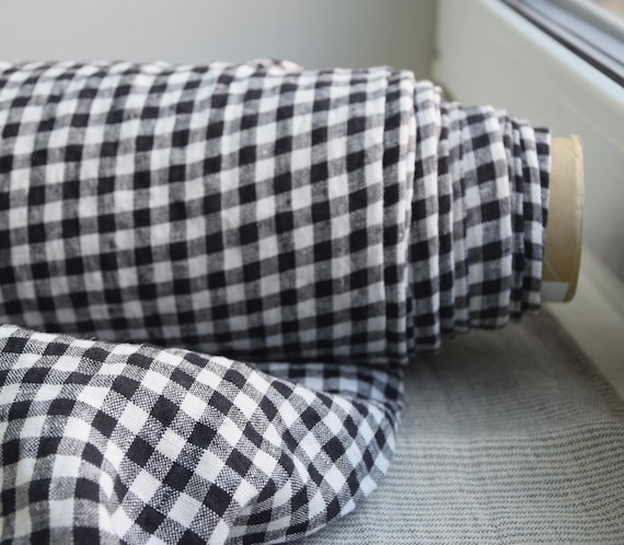 Linen Fabric "Terra Black/White Gingham" Medium Weight 200gsm/6oz, 8mm Checks, Soft, Prewashed, Classic Design, Elegant Look, IN STOCK!
