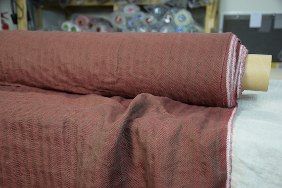 Linen fabric "Sigma Rustic Brick Herringbone" 220gsm. Broken Twill, Dark brown/Red. Washed-softened. Pure 100% linen. IN STOCK.