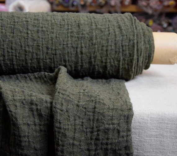 Fabric 100% linen Vita Dark Military Green 230gsm (6.80oz/yd2) Fluffy soft.  Saturated deep dark gray-green. Dark olive green. IN STOCK.