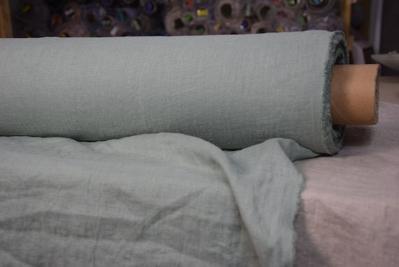 Linen fabric "Gloria Antique Jade" 200gsm (6oz/yd2). Pure 100% Linen, Densely tightly plainly woven, preshrunk. Greenish-gray. IN STOCK.