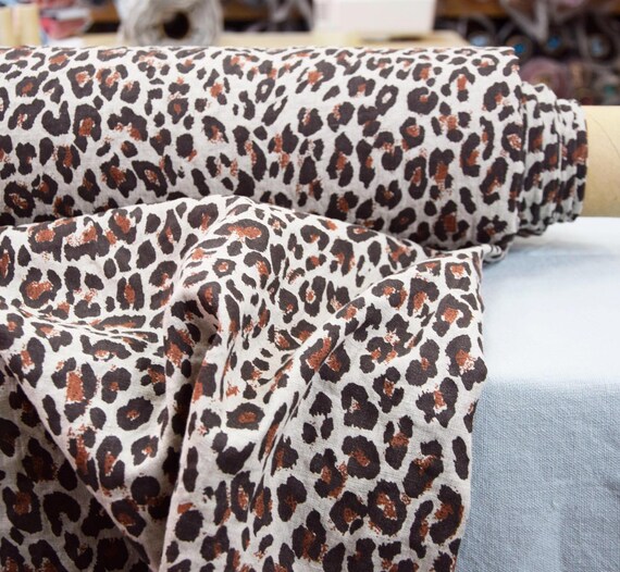 Linen Fabric "Augusta Brown Leopard", 100% Pure Linen, Soft, Preshrunk, Premium High-grade, Sexy Leopard Linen, 150gsm(4.5oz/yd2), IN STOCK!