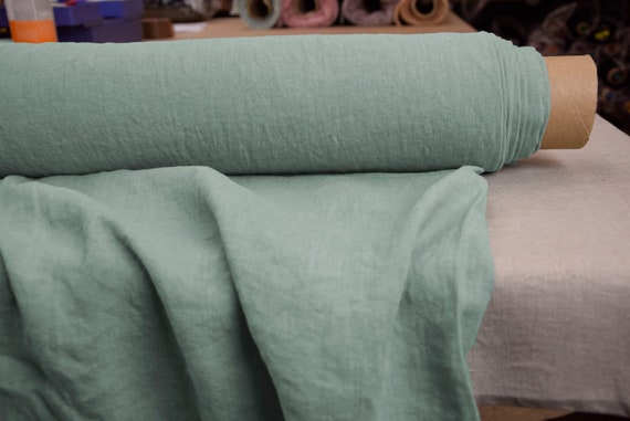 Pure 100% linen fabric "Aura Jadeite" 125gsm (3.7oz/yd2). Pantone Jadeite 16-5304. Gray-green. Muted Dusky Green. Temporarily OUT OF STOCK.