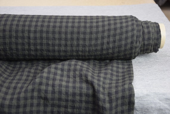 Pure 100% linen fabric "Aura Black/Dark Green Gingham" 125gsm (3.7oz/yd2). 8mm checks. Pantone 19-0414 Forest Night Color. IN STOCK.