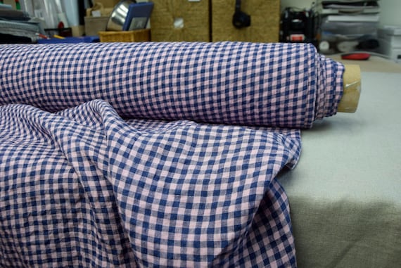 Fabric "Aurora Blue & Pink Gingham", Stonewashed, Premium Quality, Lightweight 160gsm/5oz, 6mm Checks 100% Linen, Soft, Wrinkled, IN STOCK!