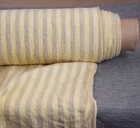 Linen Fabric - "Gloria Vanilla Custard Striped". Pastel Yellow/Cream Color, 200gsm (6oz), 100% Pure Linen, Soft, Ready to Sew! IN STOCK!