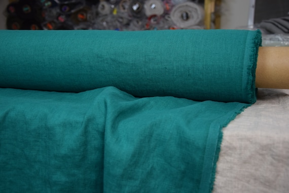 100% Linen Fabric "Gloria Emerald Green" 200gsm (5.9oz/yd2). Middle weight, Prewashed. Fabric in Bolts. Commercial Linen. WHOLESALE.