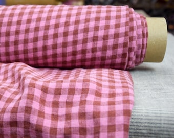Pure 100% linen fabric Aurora Pink and Reddish-Brown Gingham 160gsm (4.80oz/yd2). OUT OF STOCK.