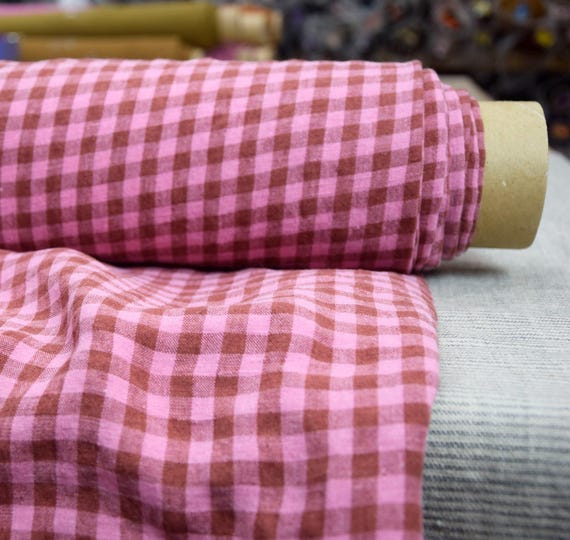 Pure 100% linen fabric Aurora Pink and Reddish-Brown Gingham 160gsm (4.80oz/yd2). OUT OF STOCK.
