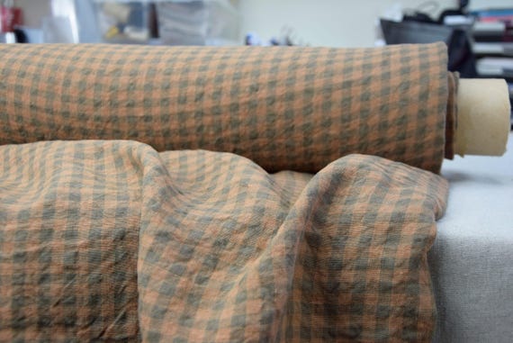 Linen Fabric "Elba Brown & Green Gingham", 100% Pure Linen Medium Weight 200gsm/6oz, Soft Creased Rumpled Drapey, Premium Quality, IN STOCK!