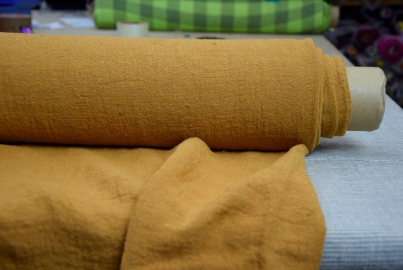 100% linen fabric "Julia Orange Ochre" 210gsm(6.20 oz/yd2). Orange-brown, mustard, golden, pre-shunk. Temporarily OUT OF STOCK.