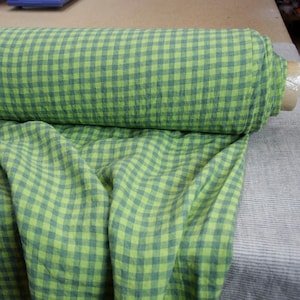 Tkanina lniana w kratkę gingham „Aurora Chartreuse Yellow-Green/Blue”, 100% czystej, 160 g/m2 (5 oz), kratka Vichy 8 mm, nieprzezroczysta (BRAK W MAGAZYNIE).