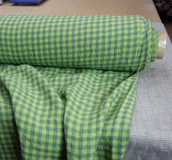 Linen Gingham Fabric - Aurora Chartreuse Yellow-Green/Blue, 100% Pure, 160gsm (5oz), 8mm Vichy Check, Opaque (OUT OF STOCK).