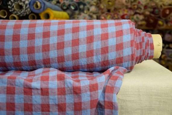Linen fabric Stella Blue/Red Gingham 190gsm (5.7oz/yd2). Red & Very Peri Pantone 2cm checks. Premium 100% linen. Soft, Drapey. OUT OF STOCK.