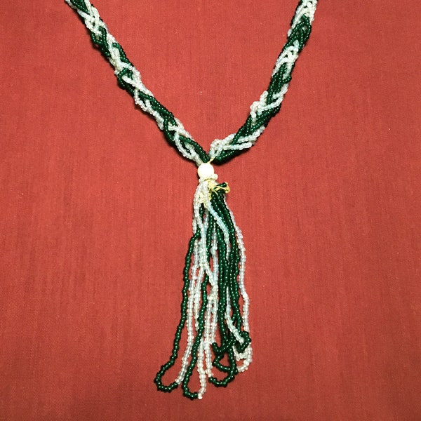 Vintage braided green and white glass seed beads flapper rope necklace with tassel