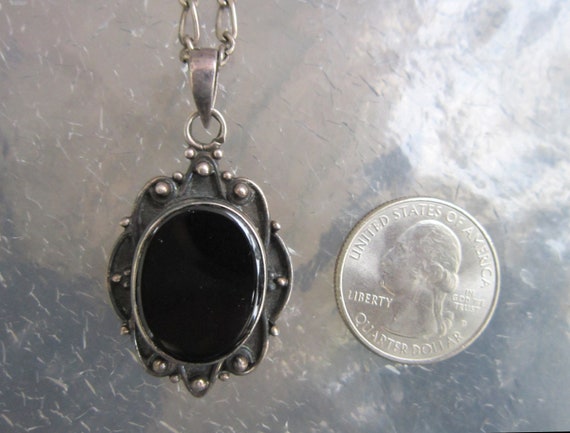 Vintage black onyx pendant in silver frame on sil… - image 4