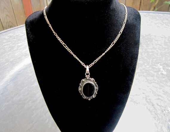 Vintage black onyx pendant in silver frame on sil… - image 1