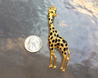 Vintage huge giraffe brooch with crystal rhinestones and enamel black spots