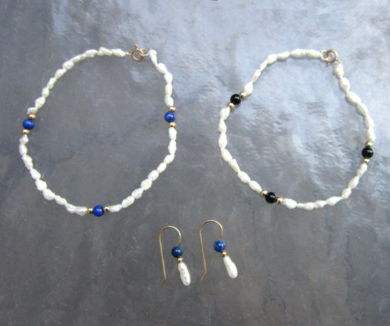 2 Freshwater Pearl Bracelets with Hook Earrings Set