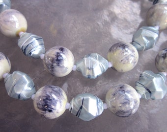 Clearance Sale! Vintage blue beaded necklace, double strand, marbled, signed Hong Kong