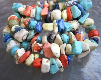 Faux coral turquoise lapis natural white howlite stone chips beaded long necklace