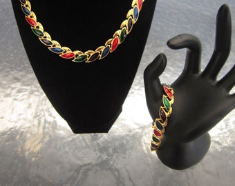 Vintage Jewel Tone Enamel Jewelry Set, shimmering leaves, necklace, bracelet, clip dangle earrings