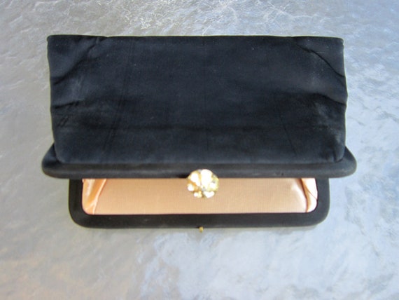 Vintage signed black clutch bag with rhinestone c… - image 1