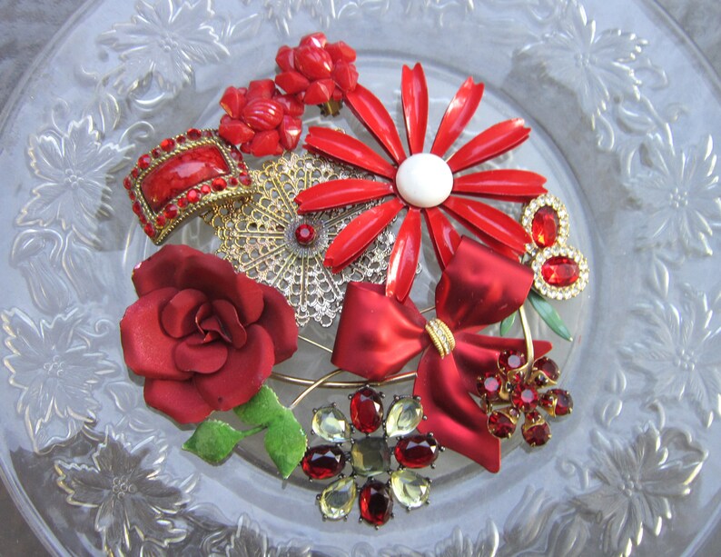 brooches and earrings Beautiful vintage red rhinestone enamel jewelry lot estate jewelry