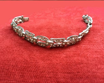 Vintage Art Deco clear crystal rhinestone silver link bracelet