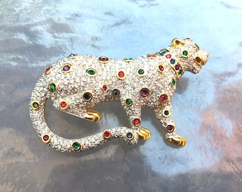 Rare vintage signed SAL Swarovski pave colored crystal rhinestone gold leopard brooch