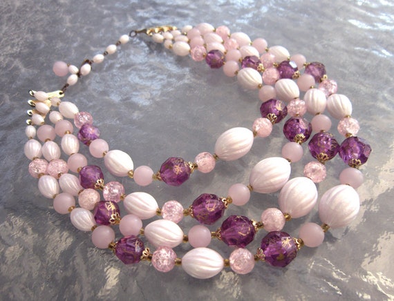 Vintage multi-strand pink purple beads necklace m… - image 3