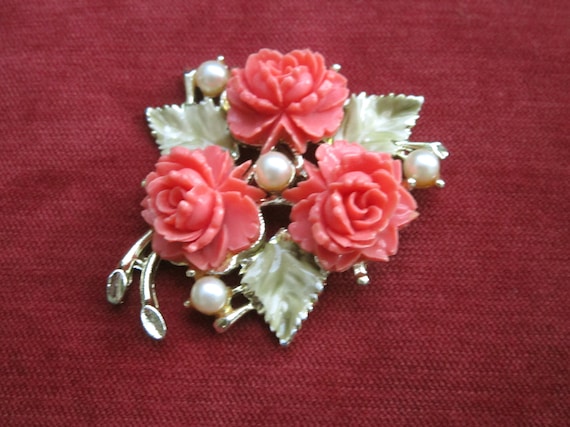 Vintage coral celluloid roses and faux pearls bro… - image 1