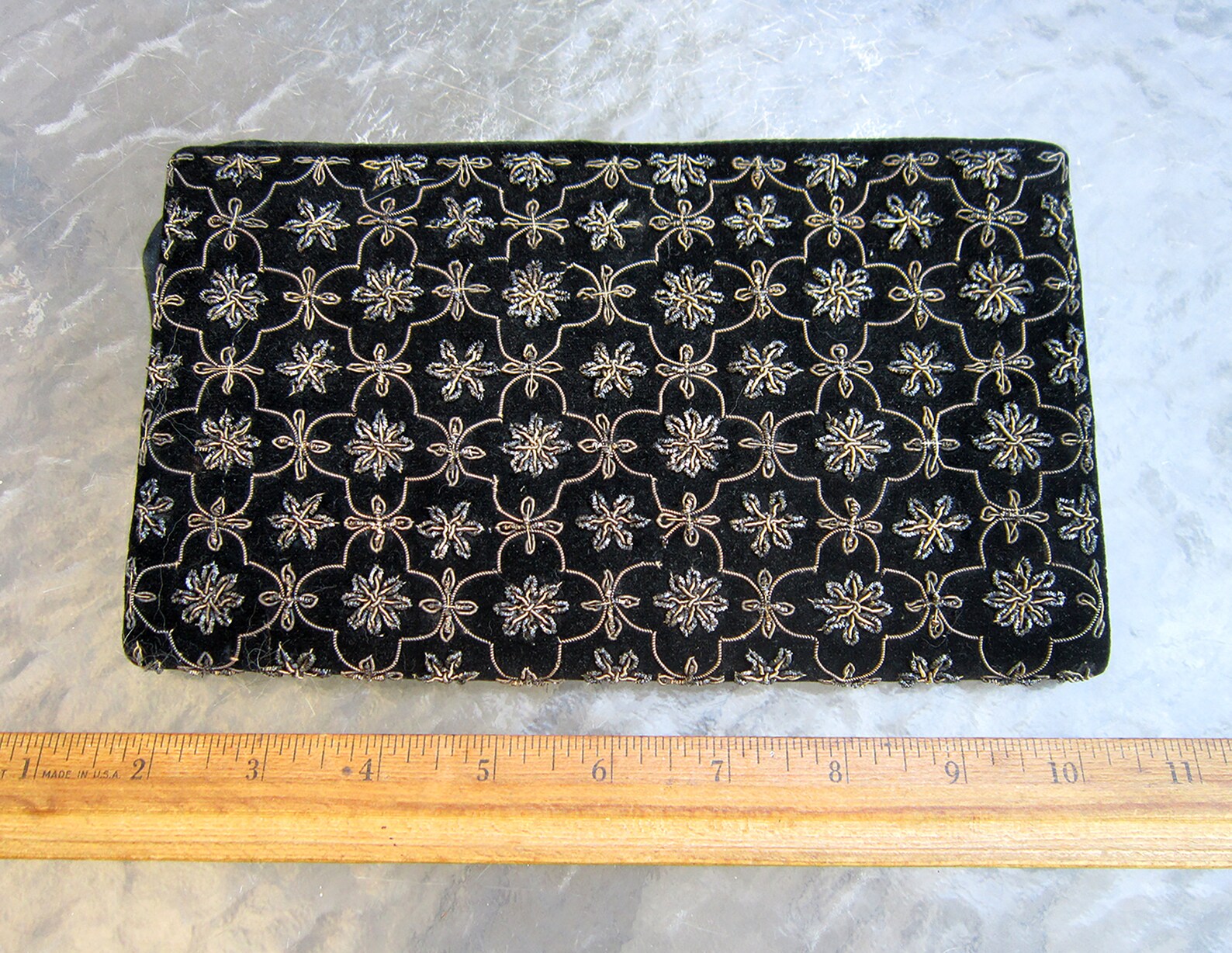 Vintage Black Velvet Envelope Clutch Bag With Gold and Silver Thread
