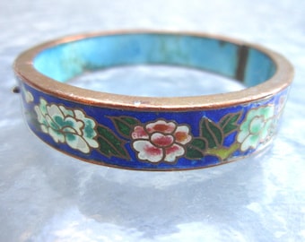 Antique Chinese Cloisonne Cuff Bangle Bracelet with Flowers