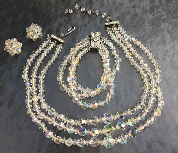 Fabulous triple strand AB crystal necklace and br… - image 1