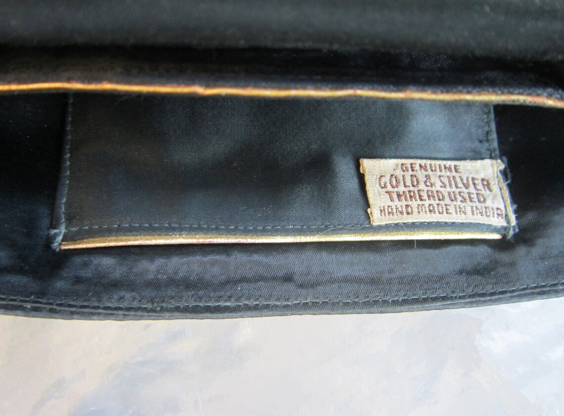 Vintage Black Velvet Envelope Clutch Bag With Gold and Silver Thread