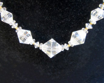 Beautiful 1930s clear cut glass Czech bead necklace with gold clasp from estate