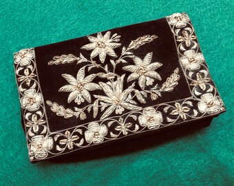 Vintage Zardozi Style Black Velvet Clutch Purse with Gold Metallic Embroidery, Made in India