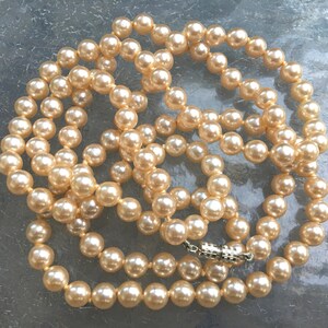 Beautiful Czech glass hand tied faux pearl bead 44 inch long vintage necklace