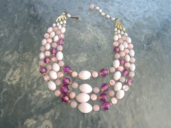 Vintage multi-strand pink purple beads necklace m… - image 2