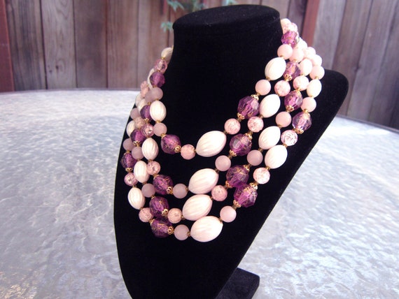 Vintage multi-strand pink purple beads necklace m… - image 1